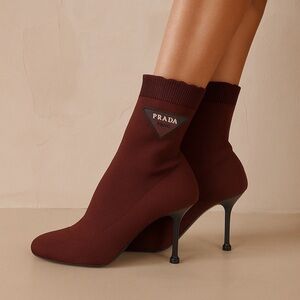 Prada Burgundy Sock Boots Size 38 Stiletto Heel Designer Booties